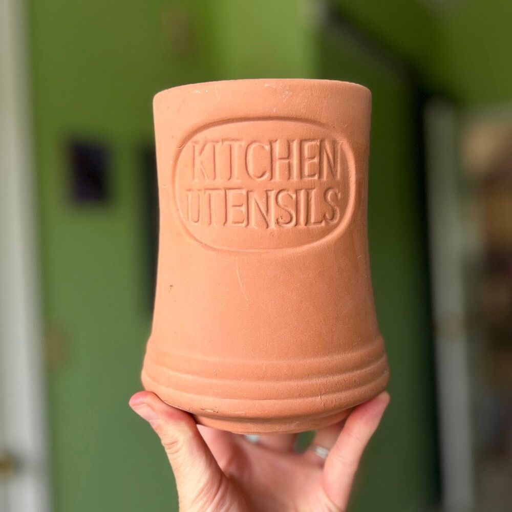 Clay Orange Pottery Farmhouse Kitchen Utensils Holder Cottagecore Accent - Picture 2 of 9